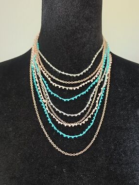 Decree Layered Multi-Chain Necklace in Turquoise, Rose Gold & Silver